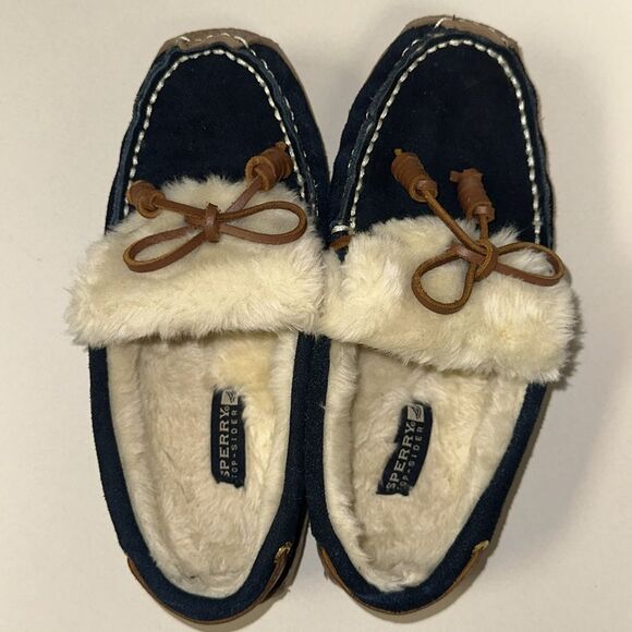 Sperry 8 Paige Navy Ivory Shearing Genuine Suede Leather Moccasin Slippers - Picture 5 of 9